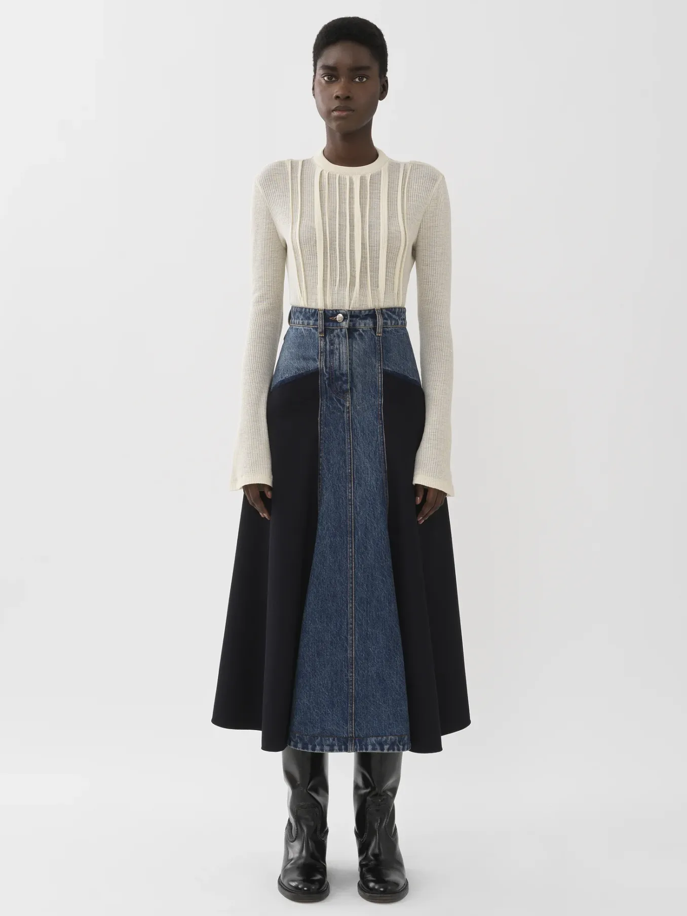Jupes-Chloé Jupe Evasee Bi-Matiere Ink Navy