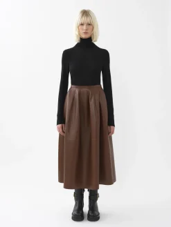 Cuir-Chloé Jupe Midi Ballon Dark Chesnut