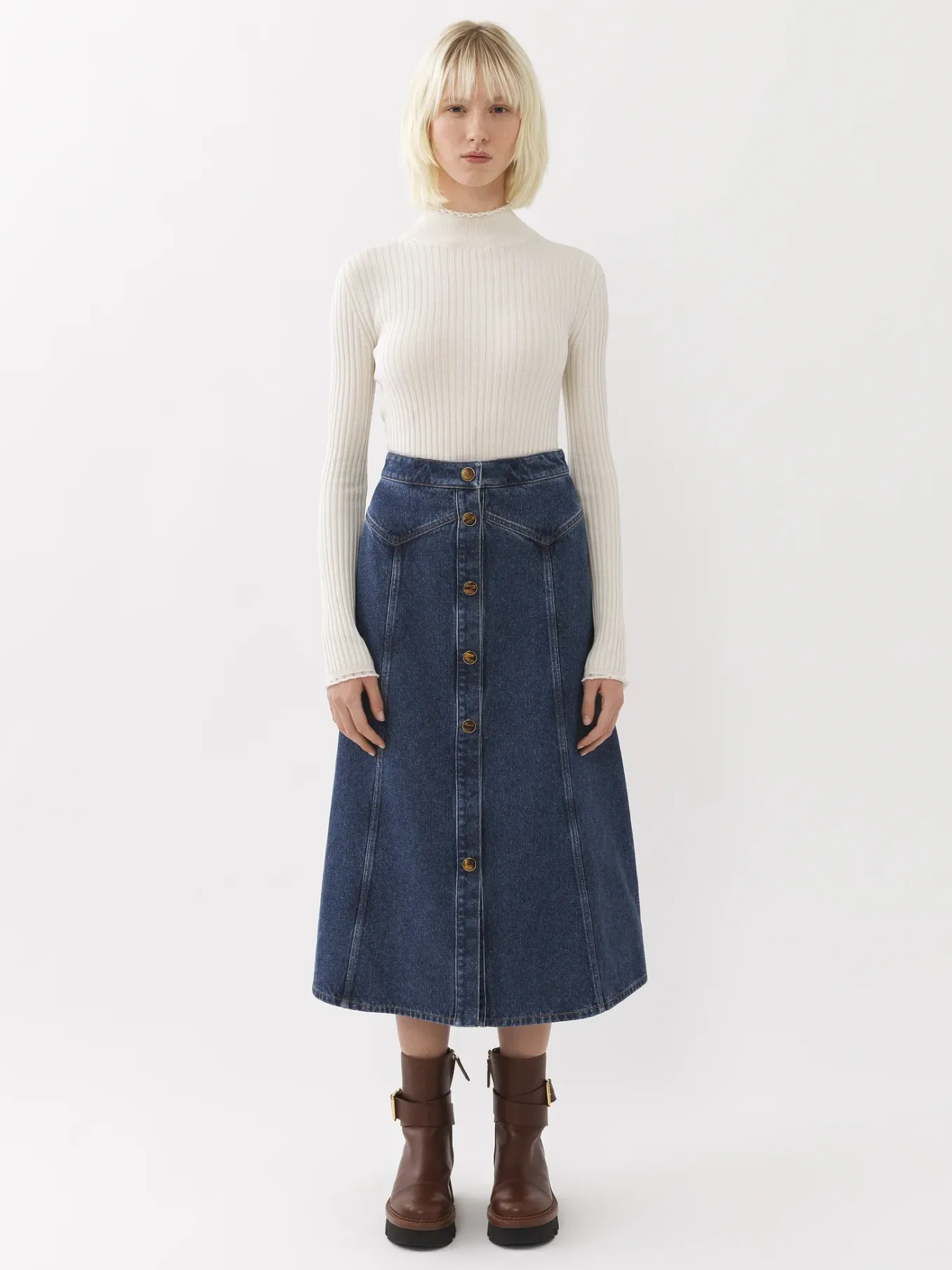 Denim-Chloé Jupe Midi Evasee Faded Denim