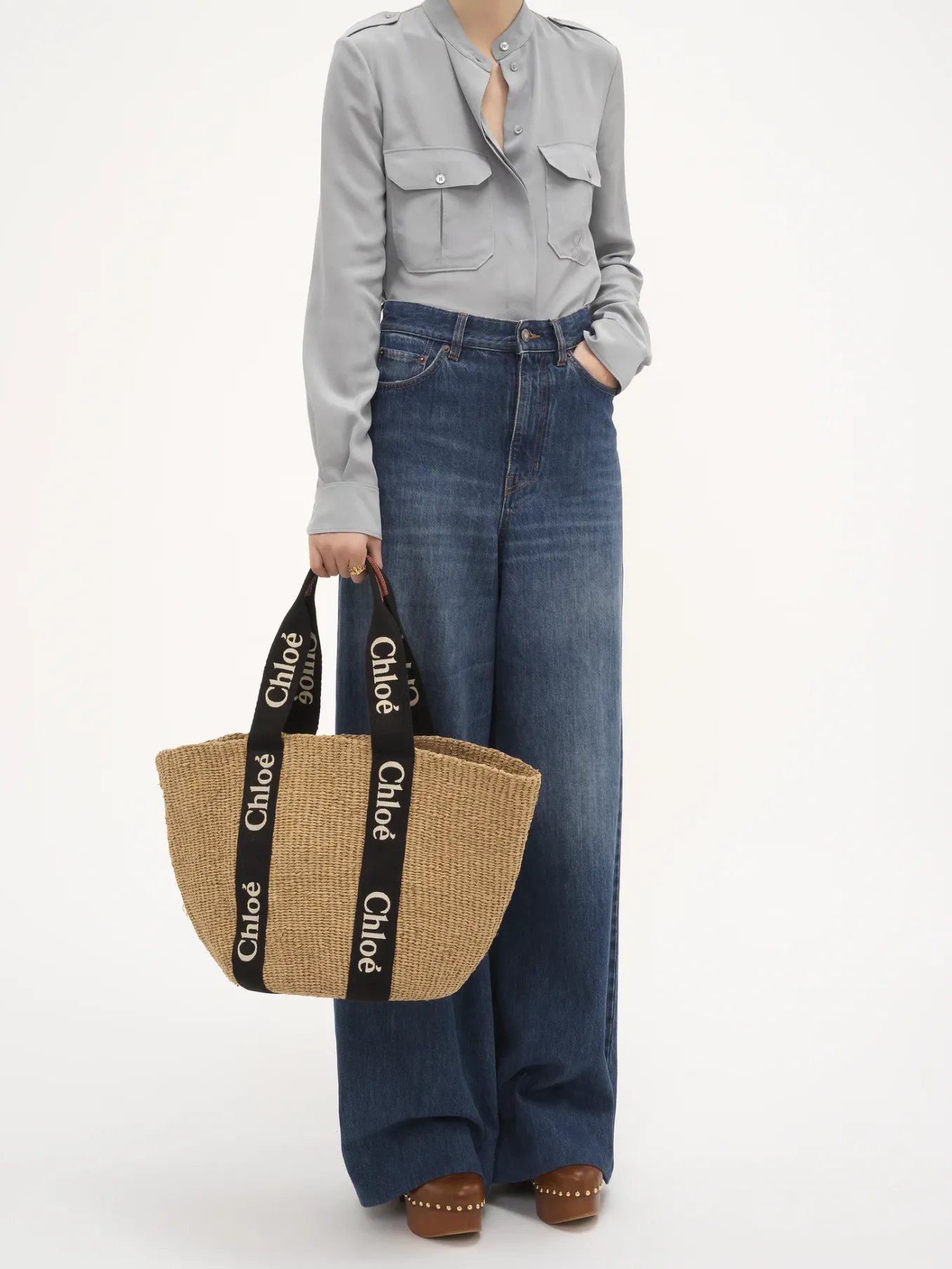 Sacs Cabas-Chloé Large Panier Woody Black - Beige 1