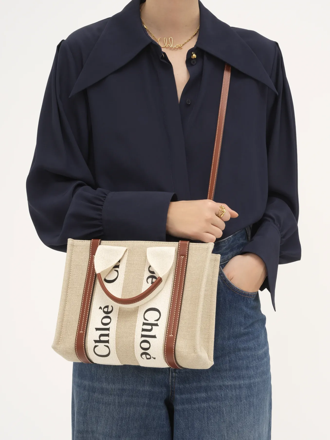 Sacs Cabas-Chloé Petit Cabas Woody A Bandoulière White - Brown 1