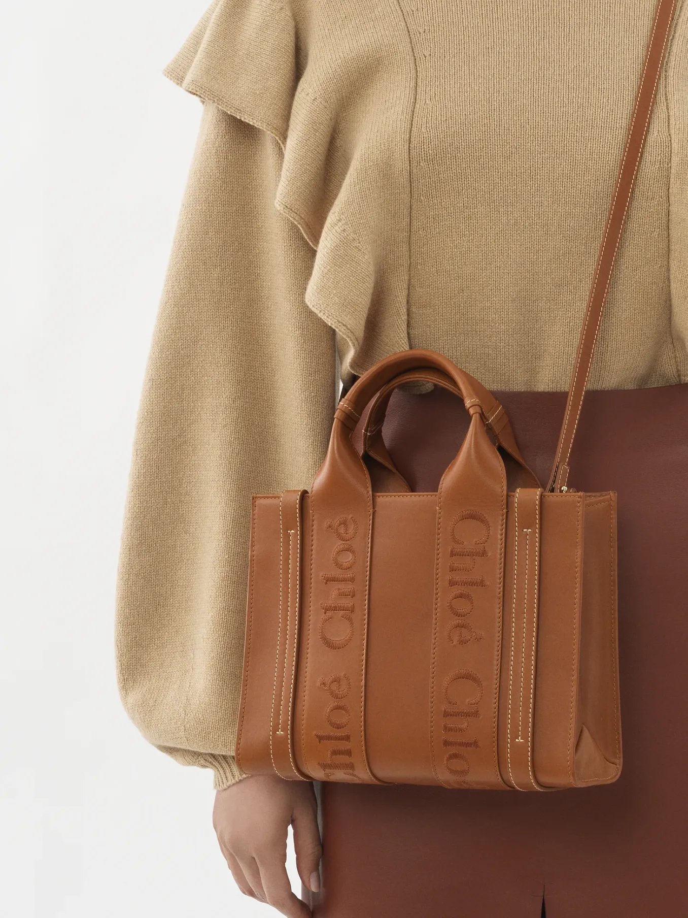 Sacs Cabas-Chloé Petit Sac Cabas Woody A Bandoulière Caramel