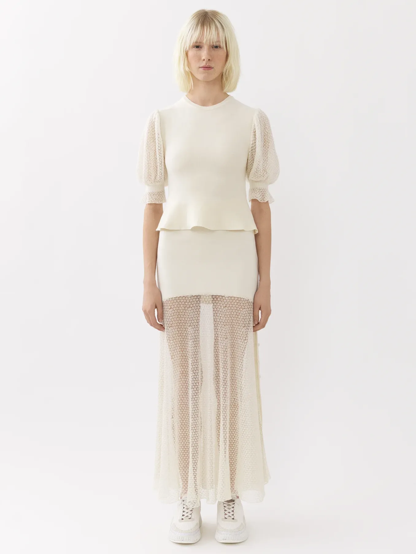 Maille-Chloé Pull Col Rond Court A Basque Lovely White