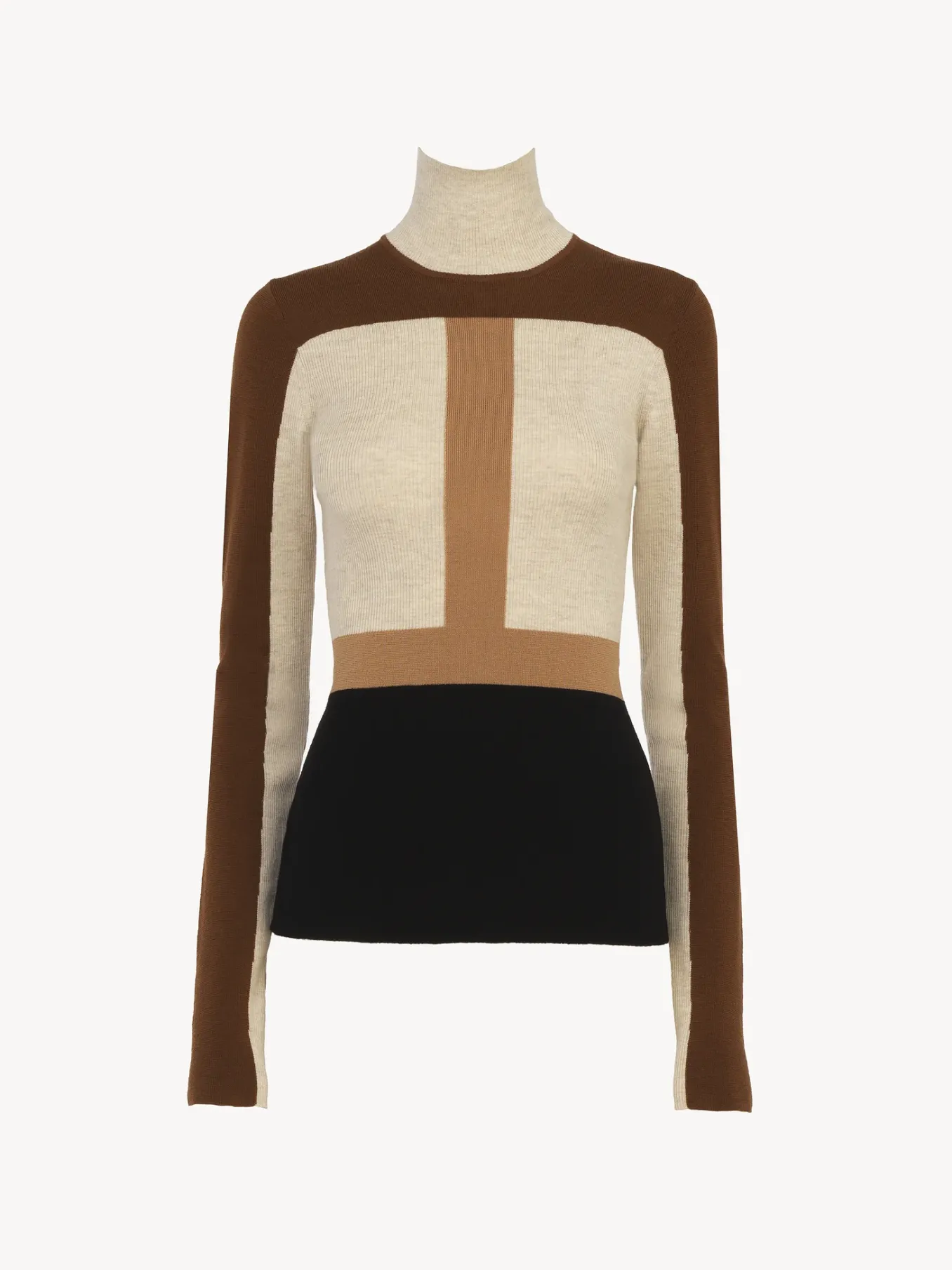 Maille-Chloé Pull Col Roule Ajuste Color Block Multicolor Brown 1