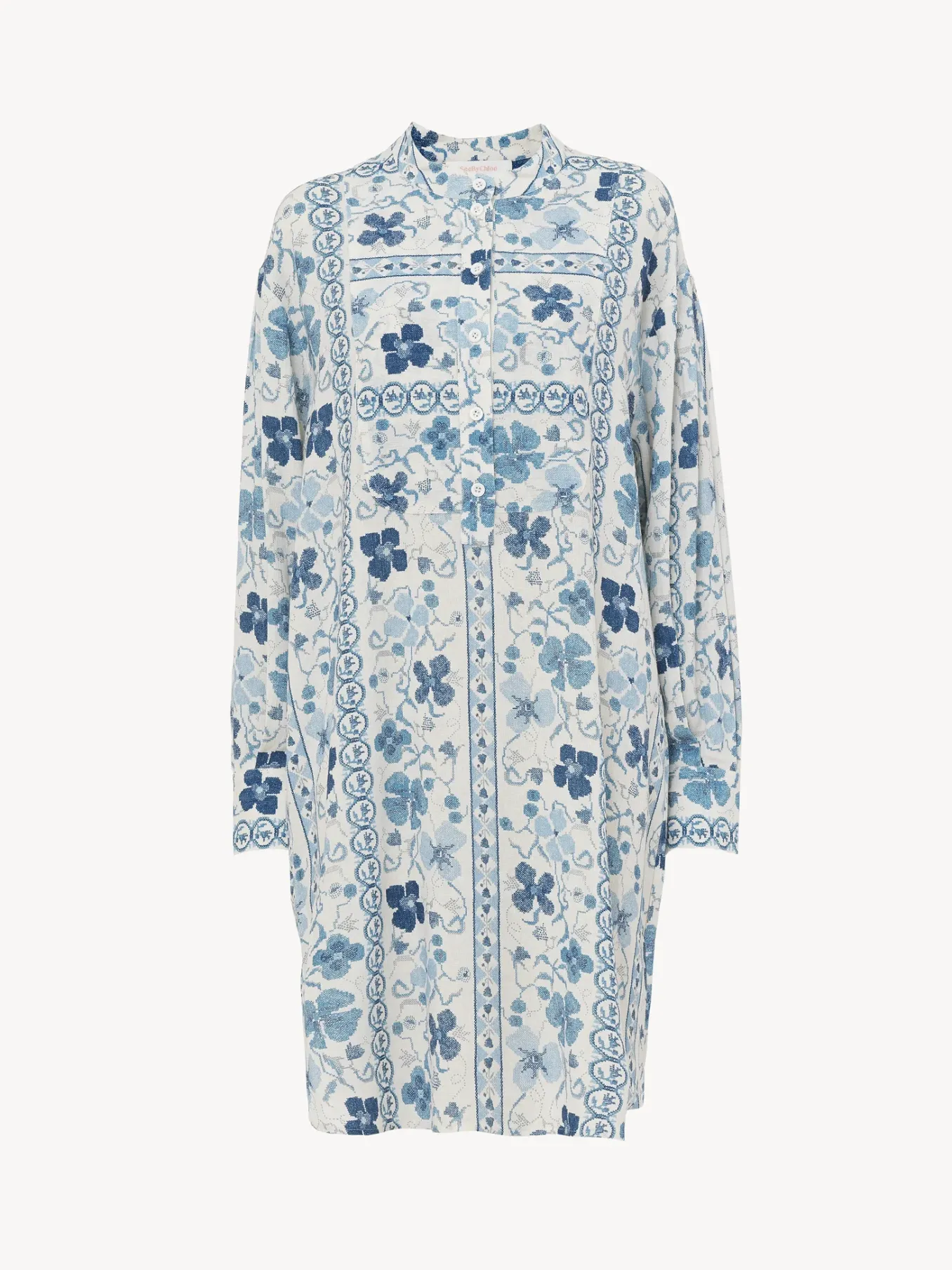 Vêtements-Chloé Robe Chemise Col Mao Multicolor Blue 1