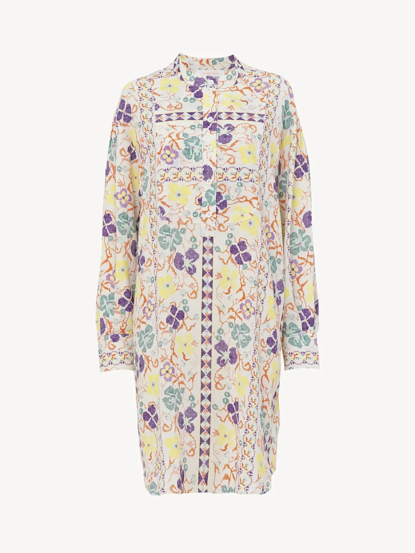 Vêtements-Chloé Robe Chemise Col Mao Multicolor White 1