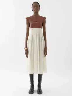 Robes-Chloé Robe Midi Bi-Matiere Brown - White 1