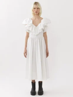 Robes-Chloé Robe Midi Col V Volante Blanc
