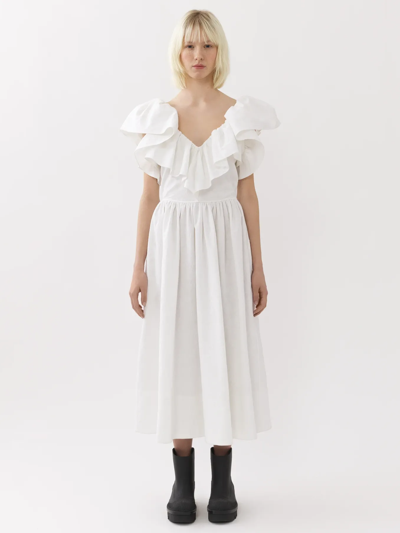 Robes-Chloé Robe Midi Col V Volante Blanc