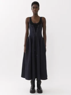 Robes-Chloé Robe Midi Evasee A Lacets Ink Navy