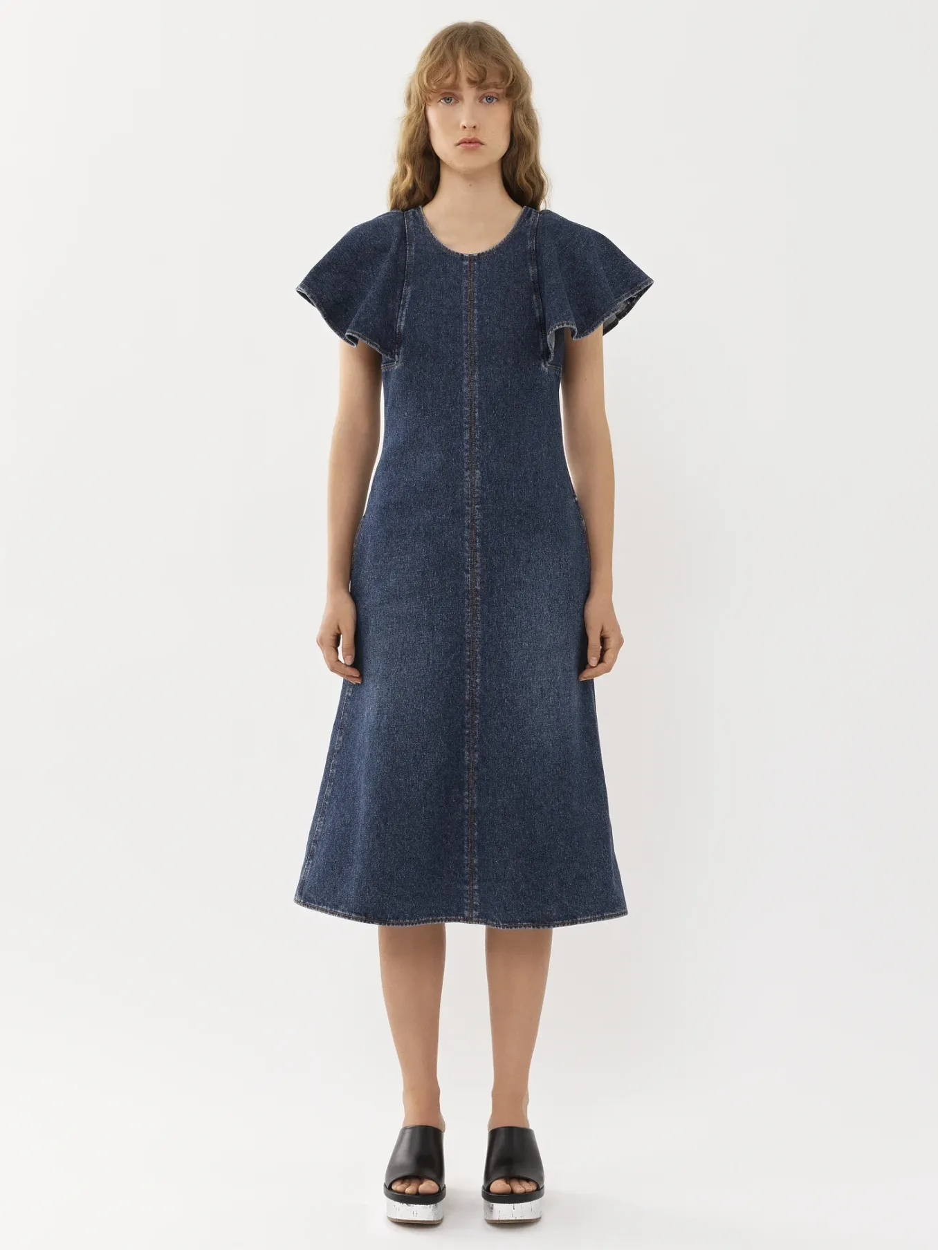 Robes-Chloé Robe Midi Volantee Faded Denim